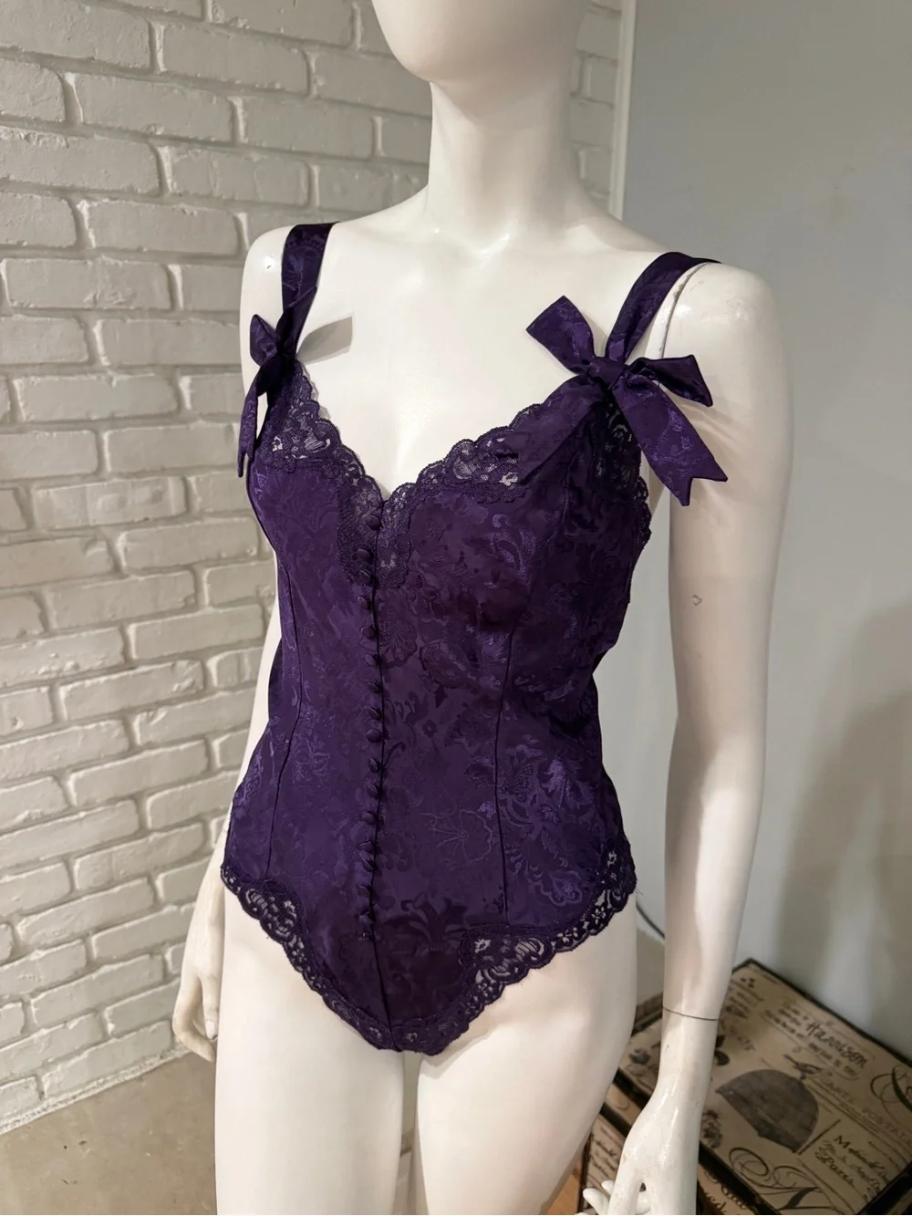 Vintage Victoria’s Secret Gold Label Purple Satin Jacquard Lace Teddy Bodysuit
